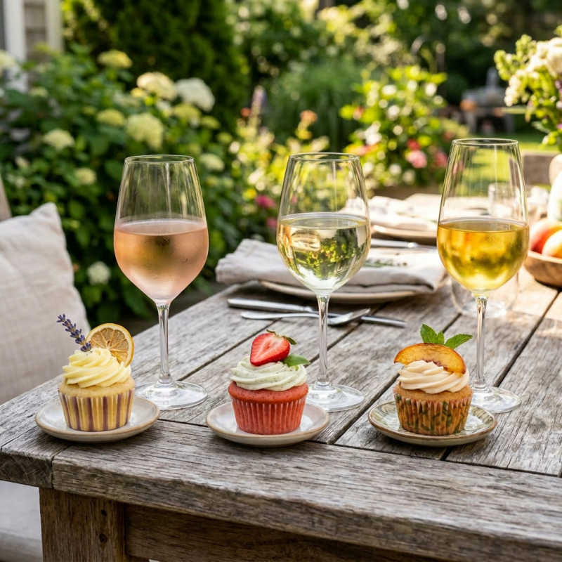 Three glasses of wine with matching cupcakes each garnished and placed on small plates on a wooden table